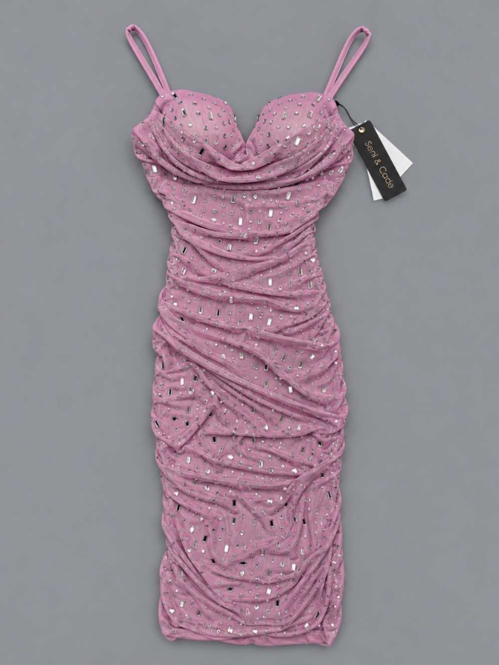 Seni & Cade Rhinestone Ruched Midi Dress – Size XXS – NWT